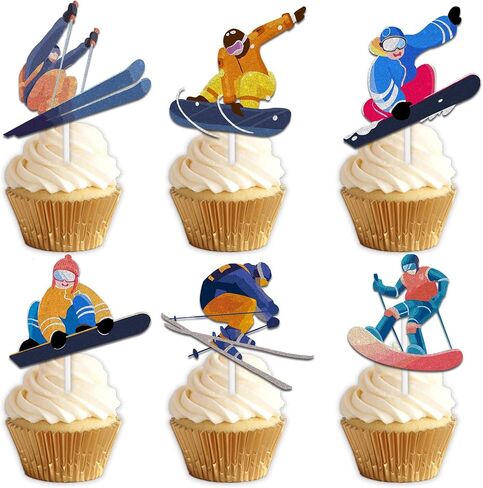 18pcs Glitter Skiing Player Cupcake Topper Winter Sport Skiing Theme Decor Supplies Men Women Happy Birthday Party Decorations in Saudi Arabia