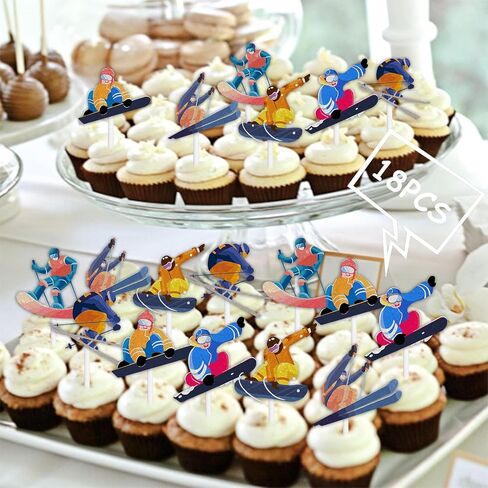18pcs Glitter Skiing Player Cupcake Topper Winter Sport Skiing Theme Decor Supplies Men Women Happy Birthday Party Decorations in Saudi Arabia