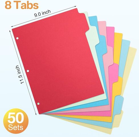 Geyoga 400 Pieces 3 Ring Binder Dividers with Tabs 8 Tab Dividers for 3 Ring Binders 50 Sets Letter Size Page Dividers for 3 Ring Binder (Multicolor) in Saudi Arabia