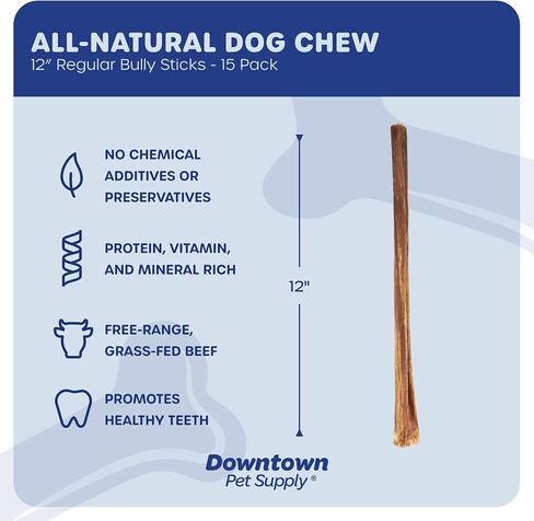 Downtown Pet Supply 12-inch Bully Sticks for Large Dogs, Pack of 8 - Single Ingredient, Rawhide Free Dog Chews for Aggressive Chewers - Nutrient-Rich and Odor Free Bully Sticks for Dogs - Beef in Kuwait