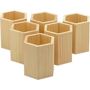 6 Pieces 4 Inch Wooden Pen Holder Hexagon shaped Unfinished Wood Pencil Holder for DIY Crafts Projects (3x3x4 Inches)