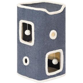 Cat House Cat Bed for Indoor Cats, 2-Story Cat Condo with Stable Frame and Large Scratch Pad, 24'' Durable Cat Cube Playhouse with Dangling Balls, Perfect for Multiple Pets