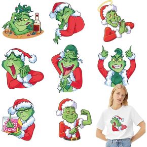 9 Sheet Grinch Christmas Iron on Transfers Decals Xmas Iron on Patches Transfer Sticker Vintage Vinyl Heat Transfer Iron on Stickers for Clothes T Shirt Jackets Pillow DIY Art Decor