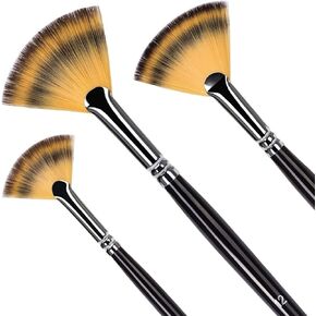 Golden Maple Fan Brushes, 3Pcs Soft Anti-Shedding Nylon Hair, Birch Wooden Long Handle Artist Paint Brush Set for Acrylic Watercolor Oil Painting