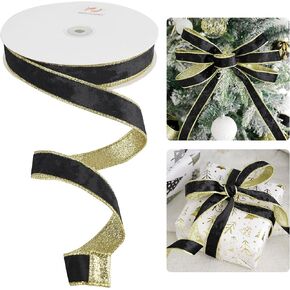 HUIHUANG 4 inch Red Velvet Wired Ribbon Red Velvet Ribbon with Gold Glitter Christmas Ribbon for Christmas Tree Decorations, Wreaths, Garlands, Large Bows, Home Decor- 10 Yards