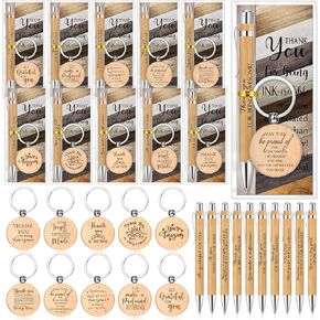 10 Sets Employee Appreciation Gifts Inspirational Bamboo Pens with Wooden Keychain Thank You Cards Team Building Gifts (Wood)