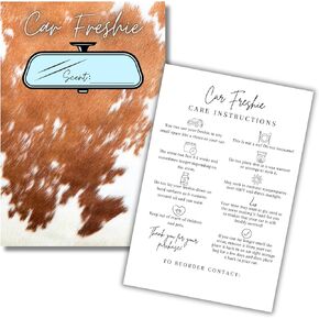 Car Freshie Inserts Card | 50 pk 4x6" Cow Print Country, fits in 5x7" for Holographic Bags Freshie Scent Label Care Instruction Cardstock