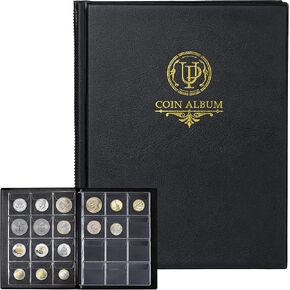 200 Pockets Coin Album - Coin Collecting Book with 10 Pages, 33x33 mm Grid Holder for Pounds Pence Cents Dollars Nickel (Black) CS48200BK