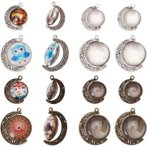 SUNNYCLUE 48pcs 2 Size Moon Rotation Double Side Pendant Tray Kit 16pcs Round Blank Bezel Pendant Trays Base Cabochon Settings with 32pcs Clear Glass Cabochons Dome for DIY Jewelry Making Findings