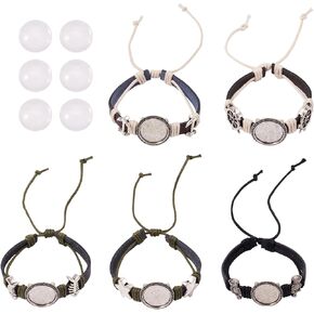 Beadthoven 5 Sets Bezel Setting Leather Bracelet Making Kit Adjustable Bezel Disc Bracelets Ocean Sea Boho Round Blank Tray Bangles with 7pcs Clear Glass Cabochons for DIY Jewelry Making Crafts Adults
