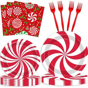 Christmas Peppermint Candy Paper Plates and Napkins Party Supplies Red and White Striped Peppermint Disposable Christmas Dessert Plates for Winter Holiday