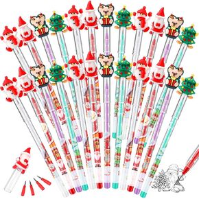Yexiya 192 Pcs Christmas Multi Point Stackable Push Pencil, 4 Styles Christmas Pencils Bulk with Xmas Tree Santa Snowman Reindeer Topper for Kids Classroom Rewards Christmas Favors Prize Stuffers