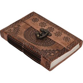 M&N Designs Vintage Leather Journal with Lock Closure, Hand-Made Paper - Traditional, Vegan, 7" x 5"