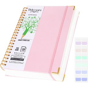 Spiral Notebook 8.3" x 11.6", 300 Pages/150 Sheets College Ruled Notebook A4 Journaling Notebook with Index Sticker, Back Pocket, Elastic Band for Work Business School Note Taking, Black
