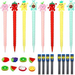 24PCS Cute Mechanical Pencil Set, 8PCS Pastel Mechanical Pencil 0.5mm with 8PCS Fruit Erasers and 8PCS Pencil Refills, Colorful Mechanical Pencils for Girls Students School Writing