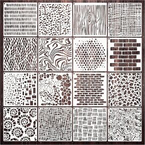 Cubist Stencils for Crafts Reusable 6 X 6 Inch Texture Mixed Media Burlap Art Painting on Wood Wall Canvas Brick Layered Pattern Paint Art Stencils for Card Making (16pcs Cubist)