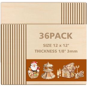 Adrattnay 36Pcs Basswood Sheets 1/8 Plywood, 3mm Basswood for Laser Cutting and Engraving, 12 x 12" Basswood Plywood for Model Architectural Wood Burning and Carving, Unfinished DIY Basswood