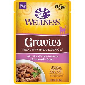 Wellness Healthy Indulgence Natural Grain Free Wet Cat Food, Gravies Tuna & Mackerel, 3-Ounce Pouch (Pack Of 24)