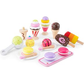 New Classic Toys Wooden Ice Cream Set Pretend Play Toy for Kids Cooking Simulation Educational Toys and Color Perception Toy for Preschool Age Toddlers Boys Girls