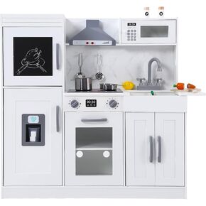 Kids Kitchen Playset, Wooden Chef Pretend Play Set with 20 PCS Cookware Accessories, Wooden Cookware Pretend with Ice Maker, Microwave, Oven, Range Hood, Sink, Real Lights & Sounds，White