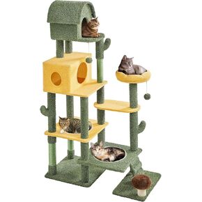 Yaheetech Cactus Cat Tree, Large Cat Tree for Indoor Cats, Multi-Level Cat Tower with 2 Large Condo, Scratching Posts, 2 Acrylic Clear Bowls and Dangling Balls, 68.5in