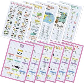 Quarterhouse Spanish Verbs & Beginner Vocabulary (Set D) Poster Set, Spanish Classroom Learning Materials for K-12 Students and Teachers, Set of 11, 12 x 18 Inches, Extra Durable