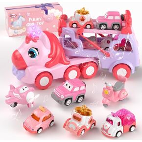 Toddler Girl Truck Toys for 1 2 3 Year Old Girl Birthday Gifts, 7-in-1 Pink Princess Car Transport Carrier Trucks for Toddlers 1-3, Friction Power Toy Cars with Lights & Music, My daughter First Gift