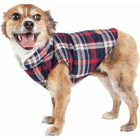 Pet Life ® 'Puddler' Classical Plaid Dog Coat - Insulated Plaid Dog Jacket with Reversible Sherpa Lining - Winter Dog Clothes for Small Medium Large Dogs