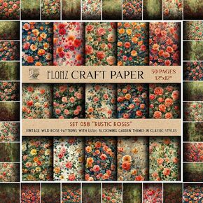 Scrapbook Paper (30 Pages 12"x12") Rustic Roses: Vintage Wild Rose Patterns with Lush, Blooming Garden Themes in Classic Styles FLONZ Vintage Styled Double Sided Paper Pad for Craft Cardmaking