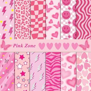 Pink Scrapbook Paper Pack, Double-Sided 24 Sheets/12 Designs Craft Paper with Pink Heart and Lightning Motifs, Cardmaking Craft Paper Pack for Greeting Cards Journals Background Borders 11.8x11.8