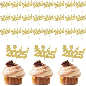 New Years Cupcake Toppers, 24-Pack Gold 2025 Cupcake Toppers 2025 Cake Topper Happy New Year Cake Topper Decorations, NYE Cupcake Toppers for New Year Cake Topper and New Years Toothpicks