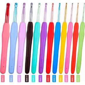 Oruola 12pcs Ergonomic Crochet Hooks,Metal Large Crochet Hooks with Grip,2mm,2.5mm,3mm,3.5mm,4mm,4.5mm,5mm,5.5mm,6mm,6.5mm,7mm, 8mm Crochet Hook,Crochet Hooks Ergonomic for Chunky Yarn Multicolor