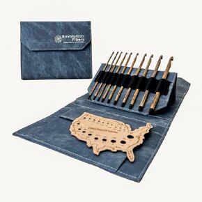 Revolution Fibers Driftwood Crochet Hooks Set | Gray Denim Carrying Case and Hook Gauge | 10 Crochet Hooks Sizes E - M