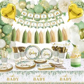 Baby Shower Decorations, 220 Pcs Sage Green Baby Shower Decorations Kits with Party Plates and Napkins Sets, Baby Shower Decor Party Supplies with Banner, Balloons, Sash, Cake Topper
