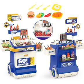 Kitchen Toys Playset,Kids Barbecue Grill Toy Set with Smoke, Sound& Light, Pretend Play Food BBQ Drill Cooking Game Toys,Indoor&Outdoor Play Grill Cart Toy Gift for Kids Boys Girls Ages 3+(Blue)