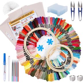 BERYA 157 Pieces Cross Stitch Tools, Embroidery Starter Kit Including 100 Colors Threads, 5 Embroidery Hoops, 3 Pcs Cloth, Threading Tools and More, Hand Embroidery Floss Set for Adults and Beginners