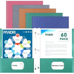Two Pocket Folders, PANDRI 60 Pack Two Pocket Folders with Prongs, 2 Pocket 3 Prong Folders Designed for Office and Classroom, Letter Size, Assorted 5 Colors