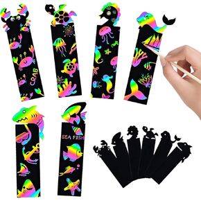 60PCS 6Style Scratch Paper Art Bookmarks Magic Scratch Rainbow Bookmarks Making Kit DIY Bookmarks Bulk with Scratching Tools Ribbons for Party Favors Activities