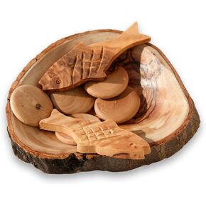 Jesus Miracle Loaves and Fish - Bible Game and Craft kit - Olive Wood Christian Home Decor - Handmade Christian Kids Crafts, Sunday School and Religious Learning Activities