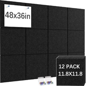 Ftumertly Large Cork Boards for Walls 12 Pack, Black Bulletin Board 48" x 36" Felt Wall Tiles, Cork Board with PushPins, Pin Boards with Safe Removable Adhesive, Tack Board Notice Boards for Ofiice