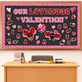 154Pcs Valentine's Day Ladybug Bulletin Board Classroom Decorations, Our Lovebugs Valentine Valentines Bulletin Board Decorations, Valentines Day Decorations for School Classroom Chalkboard Wall Décor