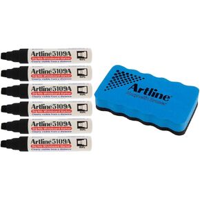 Jiffco Artline 5109A Big Nib Whiteboard Markers 6 Pack Black Bundle With Magnetic Eraser