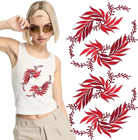 4 PCS Green Leaves Vine Applique, Iron on Applique Embroidery Lace Decorative Applique Patches, Bohemian Shoulder Collar Embellishment Costume Crafts Trims Sewing Patches for Craft Projects in Kuwait