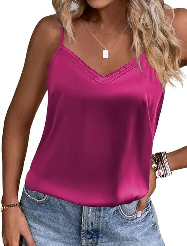 Ekouaer Women's Lace Silk Satin Pajama Tank Tops V Neck Camisole Soft Spaghetti Strap Tops Loose Sleepwear S-3XL in Saudi Arabia