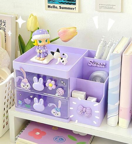 2 Drawer Storage Organizer Small Plastic Drawer Kawaii Purple Desk Organizer Drawer for Bathroom, Dorm, Desk, Office in Saudi Arabia