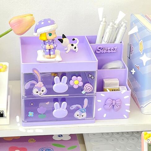 2 Drawer Storage Organizer Small Plastic Drawer Kawaii Purple Desk Organizer Drawer for Bathroom, Dorm, Desk, Office in Saudi Arabia