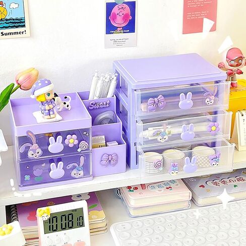 2 Drawer Storage Organizer Small Plastic Drawer Kawaii Purple Desk Organizer Drawer for Bathroom, Dorm, Desk, Office in Saudi Arabia