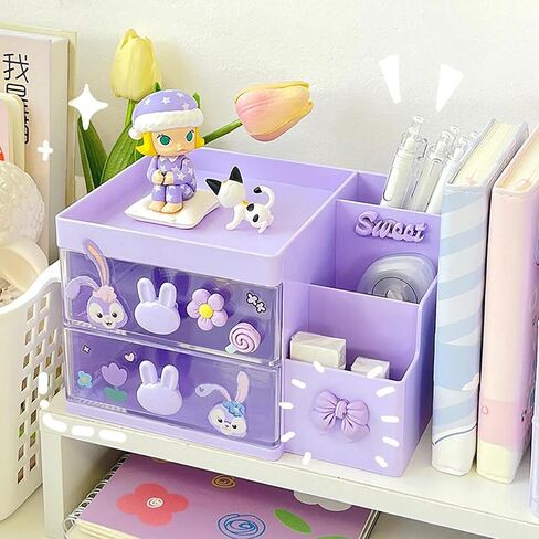 2 Drawer Storage Organizer Small Plastic Drawer Kawaii Purple Desk Organizer Drawer for Bathroom, Dorm, Desk, Office in Saudi Arabia