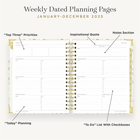 Day Designer 2025 Weekly Planner – مخطط متميز لتنظيم أنيق. يجمع بين التقويمات الأسبوعية والشهرية والجدول اليومي وصفحات الملاحظات وإعداد الأهداف والملصقات والجيب والمزيد. غلاف مصفح أنيق مع لمسات ذهبية (تصميم أنيق) in Saudi Arabia