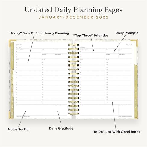 Day Designer 2025 Weekly Planner – مخطط متميز لتنظيم أنيق. يجمع بين التقويمات الأسبوعية والشهرية والجدول اليومي وصفحات الملاحظات وإعداد الأهداف والملصقات والجيب والمزيد. غلاف مصفح أنيق مع لمسات ذهبية (تصميم أنيق) in Saudi Arabia